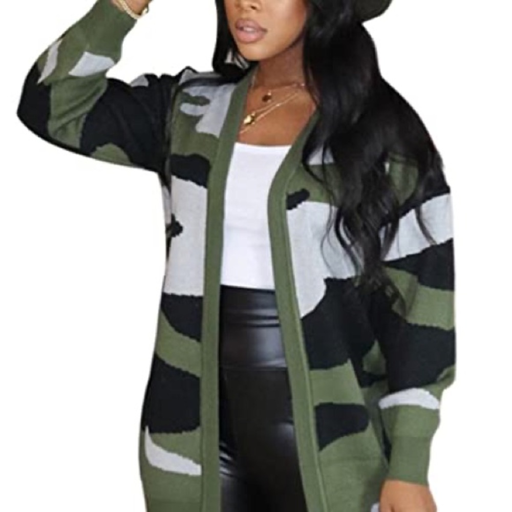 Olive Green Camo Open-Front Women's Cardigan